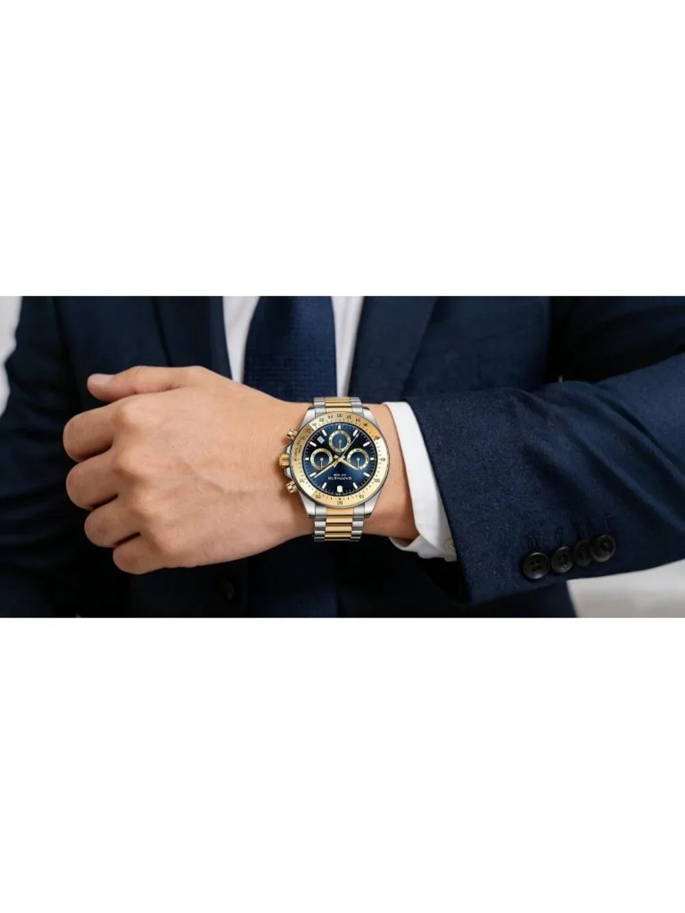 Men's Gold Silver Strap Blue Quartz Chronograph Stainless Steel Waterproof Watch
